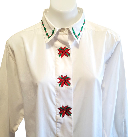 Orvis Christmas Blouse Embroidered Holly Poinsettia Old Money Prep Quiet Luxury - Picture 1 of 10
